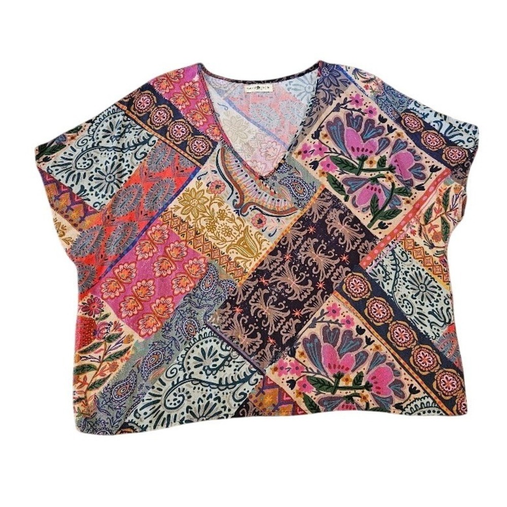 Natural Life Boho Patchwork Floral Paisley V-Neck Rayon Top Multicolor Medium
